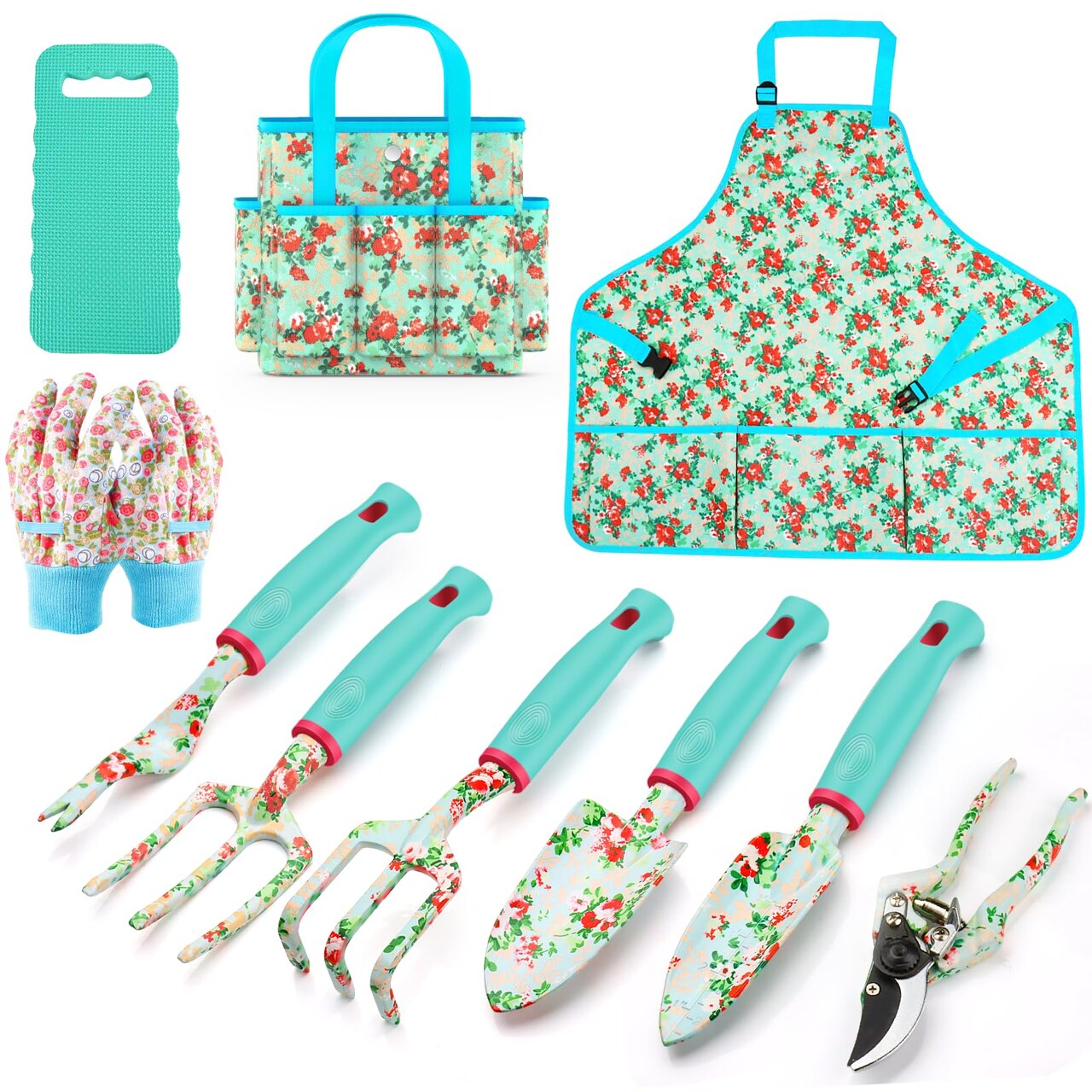 Garden Tools Set, 10 PCS Heavy Duty Gardening Tools Includes Hand Trowel Rake Weeder Pruner, Gardening Gifts for Women, Garden Kit with Tote Bag, Apron, Gloves, Kneeling Pad